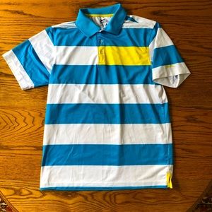 Slazenger - Mens golf polo - white w/ turquoise stripes and yellow trim - size M